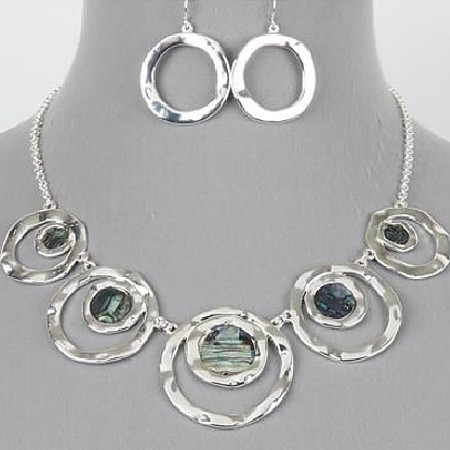 Silverplated Circle and Abalone Shell Necklace Set - Click Image to Close